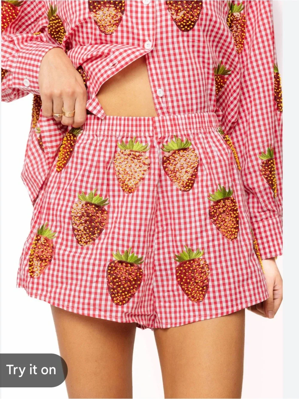 Queen Of Sparkles Gingham Beaded Strawberry Shorts Red White XXL NWT Sequin - Picture 4 of 10